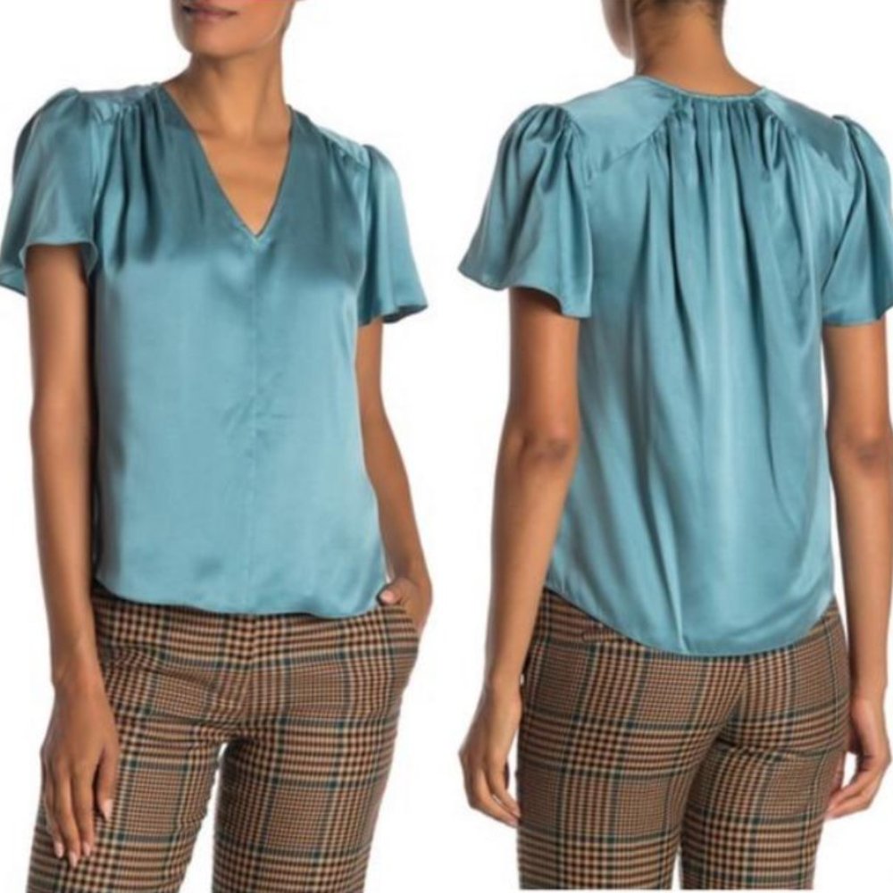 Light Teal Green Blue Charmeuse Silk Short Sleeve Blouse
